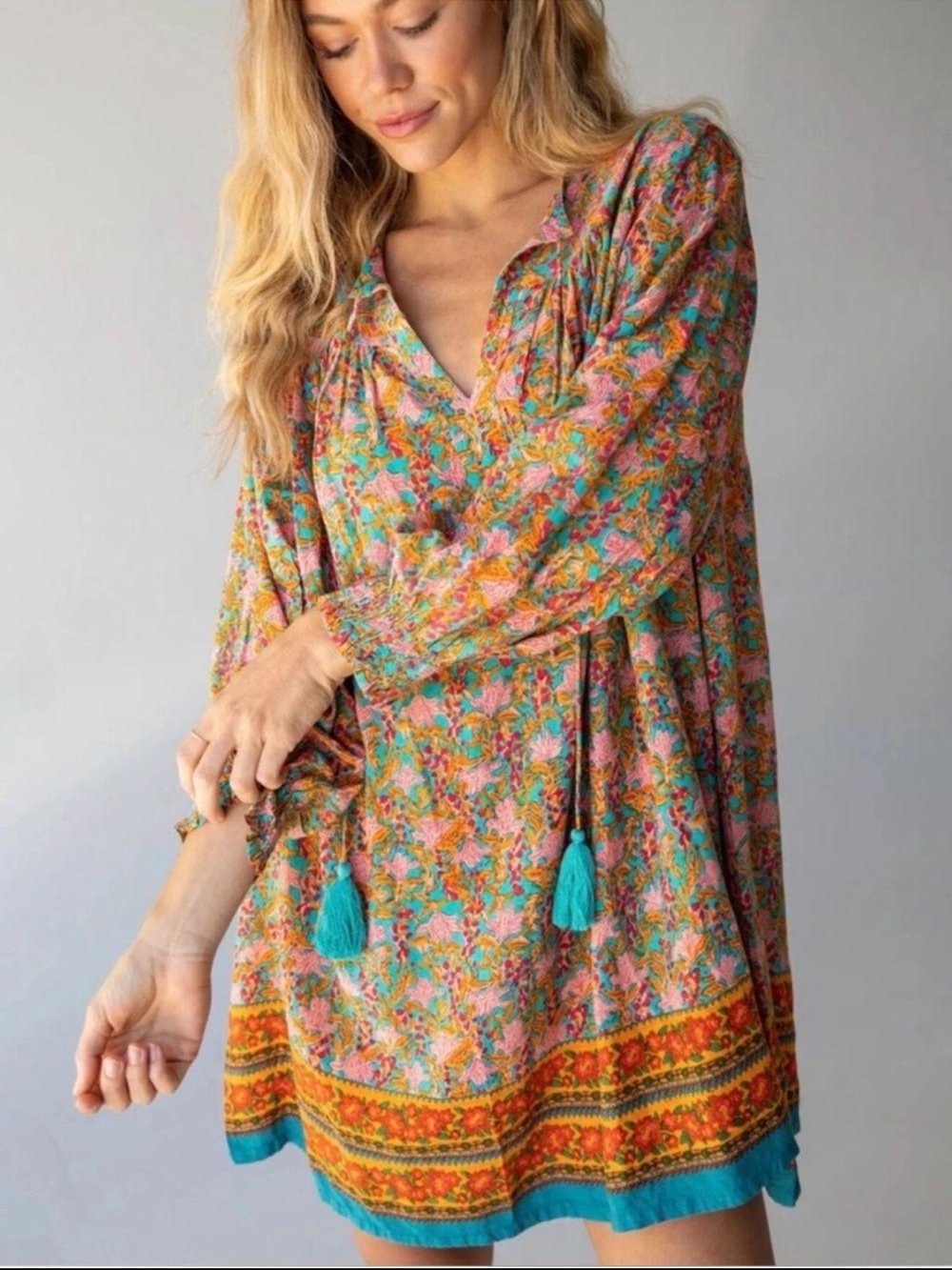 Natural Life Dara V-Neck Mini Dress Turquoise Orange Border Size Large